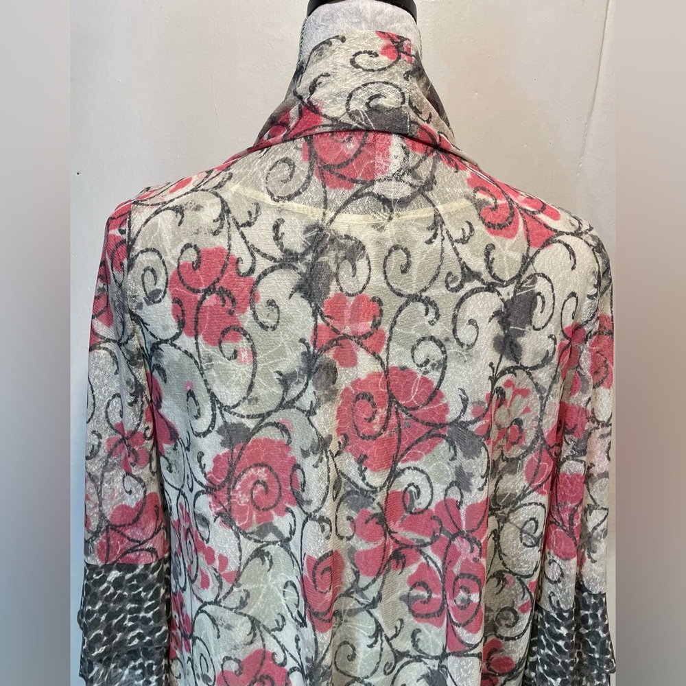 #0231 MULTIPLES Floral Sheer Kimono Cardigan w/ Leopard Layered Flare Sleeves-S - Picture 4 of 9